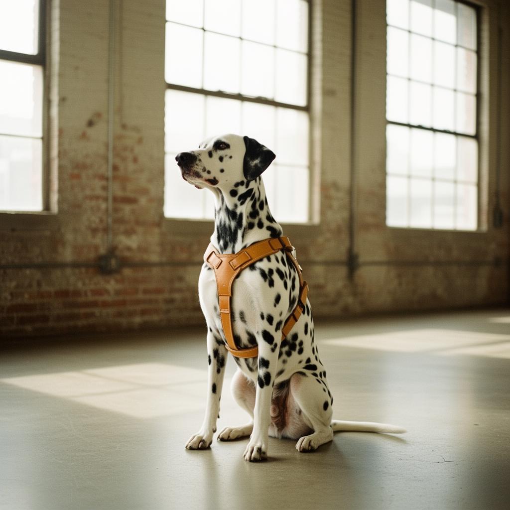 Dalmatian service dog in leather harness, San Francisco loft window light